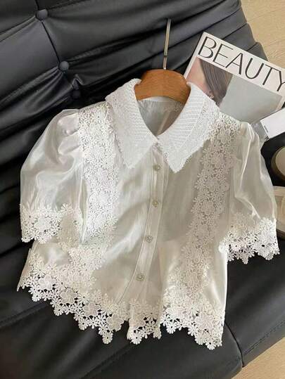 Franclia Fashionable Contrast Lace Short Bubble Sleeve Shirt, Elegant & Youthful Design For Women In Summer
