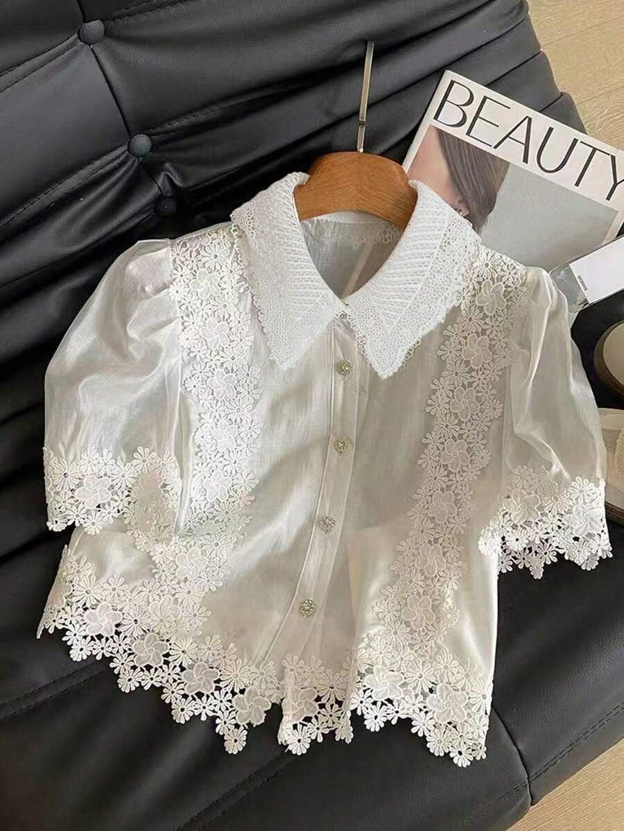 Franclia Fashionable Contrast Lace Short Bubble Sleeve Shirt, Elegant & Youthful Design For Women In Summer