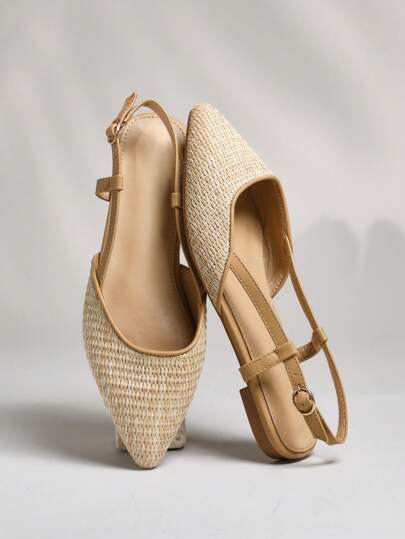 SHUZIA Alpargatas planas con punta puntiaguda y tira trasera cómoda de mujer hechas de rafia