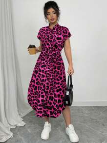 Elenzga Vestido casual de club para mujer talla grande de diseño elegante con estampado de leopardo, cuello, mangas raglán, cinturón, lazo, botones de madera delanteros. Diseño a la moda, para primavera/verano - Multicolor - Ver 7