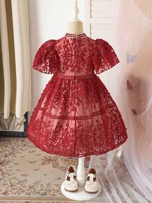 SHEIN 少女立领泡泡袖时尚优雅荷叶边连衣裙 - 紅色 - 查看 3