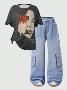 SHEIN Meisjes & tieners portret print ronde hals korte mouw T-shirt