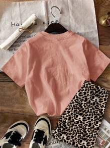 SHEIN 青少年女孩休闲简约短袖短裤两件套服装，适合夏季 - 彩色 - 查看 2
