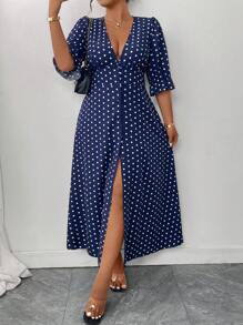 Elenzga Plus Size Women Polka Dot Print Deep V Neck 3/4 Sleeve Slit Hem Elegant Midi Dress
