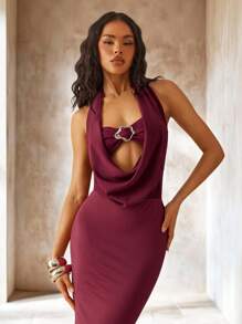 Hauture 纯色垂坠围脖领露背无袖紧身衣 - 酒紅色 - 查看 4