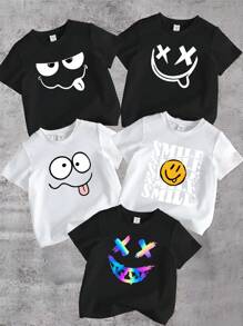 SHEIN Explorewe 5pcs/Set Young Boys Funny Face Print Crew Neck Short Sleeve T-Shirts, 3pcs Black & 2pcs White, School, Campus, College