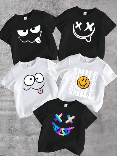SHEIN Set de 5 camisetas de manga corta con cuello de tripulación con estampado de cara divertida para niños pequeños, 3 piezas negras y 2 piezas blancas