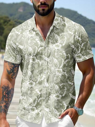 VIVINTIMO 时尚休闲成熟热带植物花卉全身数码印花图案修身常规版型男士短袖衬衫，适合夏季户外岛屿度假、约会、派对、情侣装，是送给男朋友的理想礼物