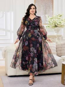 Modelyn Abito elegante taglia curvy con stampa floreale, scollo a V e maniche a lanterna