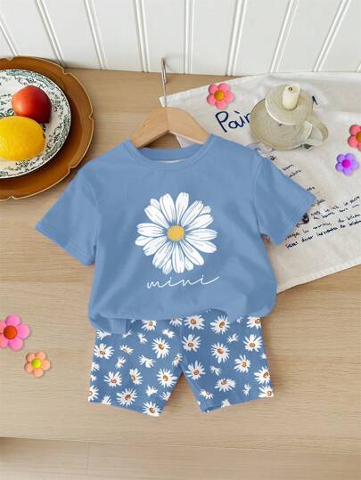 SHEIN Happikins 2pcs/Set Young Girl Casual Minimalist Short Sleeve And Shorts Set, Summer