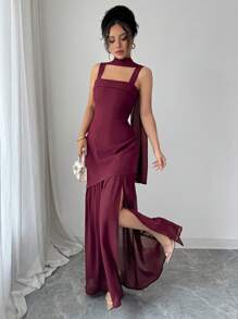 Selianne Vestido maxi fluido de mujer de primavera/verano, elegante y ligero, de lujo y chic, con diseño sencillo para uso diario, de vacaciones y casual, con tirantes anchos, diseño de cintura, bajo asimétrico, malla transparente y abertura, sin mangas - Burdeos - Ver 4