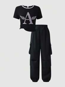 SHEIN Explorewe 少女时尚休闲印花 T 恤和宽松工装裤两件套，春夏和秋季 - 彩色 - 查看 1