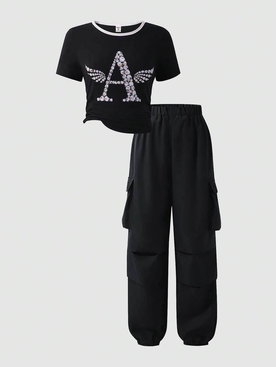 SHEIN Explorewe 少女时尚休闲印花 T 恤和宽松工装裤两件套，春夏和秋季 - 彩色 - 查看 1