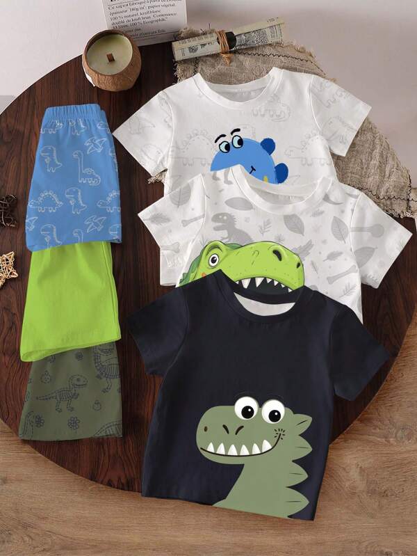 GraphicGems Conjunto de 3 piezas para niños pequeños con camiseta con estampado de dinosaurio de dibujos animados y pantalones cortos, con diferentes camisetas gráficas adorables de cabezas de dinosaurio y pantalones cortos con estampado de dinosaurio, conjunto casual liviano adecuado para primavera/verano