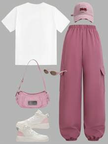 SHEIN Sparklyn 2 件青少年女孩休闲图案印花圆领短袖 T 恤和宽松工装裤套装，时尚日常穿着，军绿色 - 粉色 - 查看 2