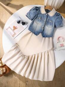 Tween-Mädchen 2-teiliges Set mit kontrastfarbenem Kragen, Puffärmeln, Jeansjacke und Camisole-Kleid mit Schleife - Aprikosenfarben - Übersicht 4