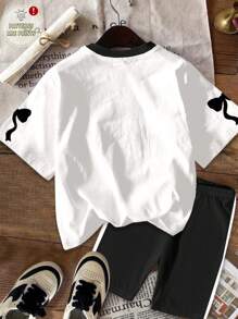 SHEIN Leap Crew Conjunto de 2 piezas de camiseta de manga corta y pantalones cortos minimalista informal para niña preadolescente, adecuado para el verano - Multicolor - Ver 3