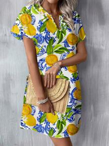 SHEIN LUNE Casual Minimalist Vacation Lemon Flower Elegant Baroque Blue Floral Print V Neck Woven Short Dress For Women, Suitable For Spring/Summer,Bohemian Clothes,Dresses For Women Summer