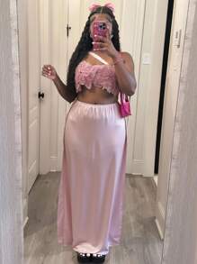 Slaydiva Women Dusty Pink Summer Tropical Beach Vacation Holiday,Satin Shiny Fabric 3D Floral Decor Strapless Backless Maxi Dress,See-Through Mesh Rhinestones - Pink - View 13
