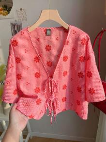 Comfortcana Camicia da donna con colletto a farfalla ricamato a fiori in maglia a quadri rossi, adatta per i primi mesi d'autunno, taglie comode