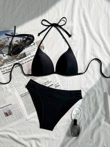 Swim Basics 女士基本款纯色黑色比基尼套装，三角杯提升吊带上衣和交叉侧绳泳裤，适合海滩、度假村、游泳池等所有人 - 黑色 - 查看 5
