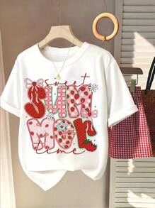 INAWLY Women's Summer Cute Letter Print Round Neck Short Sleeve T-Shirt, Summer Strawberry Fruit Pattern Top