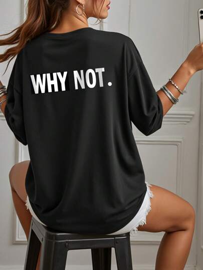 Camiseta de manga corta cuello redondo de estilo casual y holgado con estampado de letras para mujer, adecuada para todas las estaciones