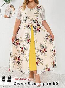SHEIN CURVE+ فستان ماكسي قصير الأكمام طباعة وردية واسع الحجم للمرأة، مناسب للحفلات والزفاف والعطلات على الشاطئ، وارتداء الخريجين وحفلات الشاي، صيفي، ريفي، عطلة على الشاطئ