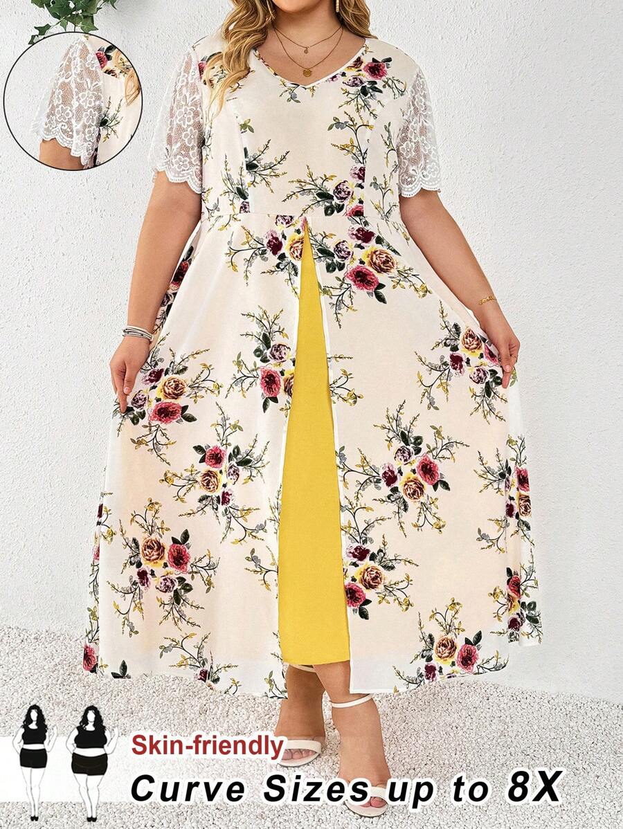 SHEIN CURVE+ فستان ماكسي قصير الأكمام طباعة وردية واسع الحجم للمرأة، مناسب للحفلات والزفاف والعطلات على الشاطئ، وارتداء الخريجين وحفلات الشاي، صيفي، ريفي، عطلة على الشاطئ
