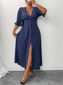 Elenzga Plus Size Women Polka Dot Print Deep V Neck 3/4 Sleeve Slit Hem Elegant Midi Dress