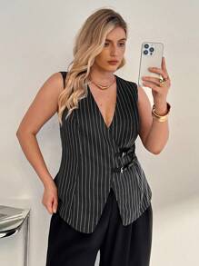 Auralis Plus Size Women's Spring And Summer Fashion Casual Loose Comfortable Basic Versatile Belt Buckle Gray Striped Vest Suit Vest,Summer Blazer,Office Wear,Old Money Style,Work Tops,Business Casual,European Summer,Professional Women Clothes,Teacher Outfits For Women,Work Clothes Women,Business Casual Woman In Fall/Winter - Grey - View 3