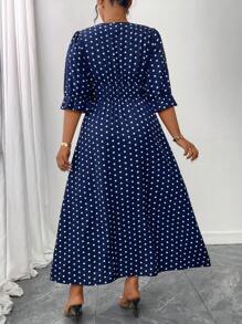 Elenzga Plus Size Women Polka Dot Print Deep V Neck 3/4 Sleeve Slit Hem Elegant Midi Dress