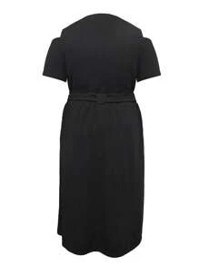 SHEIN CURVE+ 2pcs Plus Size Women Set: Solid Color Notched Neck Short Sleeve Top And Skirt - Black - View 2