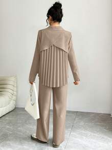 Chiquease Set de 2 blusas casuales de manga larga y plisadas para mujer - Caqui - Ver 3