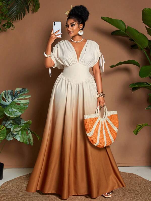 Maweii Rochie maxi elegantă pentru femei, mărime plus, cu imprimeu ombre, cu cravată și fundă, decolteu în V, linie A, design versatil pentru ieșiri, plajă, festivaluri de muzică, primăvară/vară