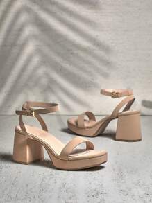 SHUZIA Sandalias con plataforma y tacón de bloque estabilizado, cinta contorneada y diseño minimalista cubista en color beige topo, aprobadas por podólogos para exploraciones urbanas. Reviviendo el estilo Y2K.
