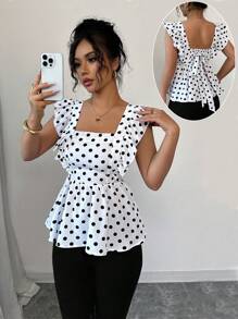 Elenzga 优雅休闲蝴蝶结盖袖波尔卡圆点印花女式衬衫，春夏 - 黑與白 - 查看 1
