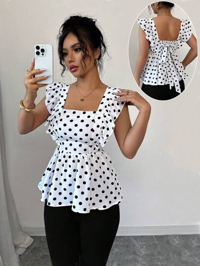 Elenzga Elegant Casual Bowknot Cap ärm Polka Dot Print Damskjorta, vår/sommar