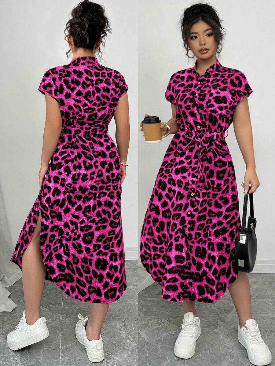Elenzga Vestido casual de club para mujer talla grande de diseño elegante con estampado de leopardo, cuello, mangas raglán, cinturón, lazo, botones de madera delanteros. Diseño a la moda, para primavera/verano - Multicolor - Ver 1