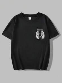 SHEIN Explorewe 男童时尚街头天使翅膀印花圆领休闲短袖 T 恤 - 黑色 - 查看 2