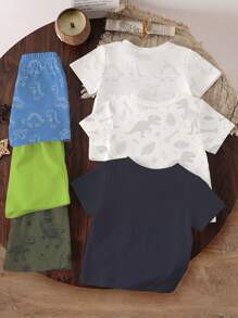 GraphicGems 3pcs/Set Toddler Boys Cartoon Dinosaur Print T-Shirt & Shorts Set, With Different Adorable Dinosaur Head Graphic Tees And Dinosaur Pattern Shorts, Lightweight Casual Outfit Suitable For Spring/Summer Baby Clothes For Boys - Multicolor - View 2