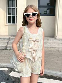 青少年女孩优雅提花蝴蝶结蕾丝无袖开衫和短裤两件套 - 杏色 - 查看 4