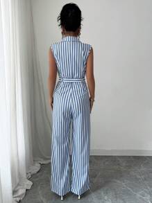 Elenzga 女士条纹翻领无袖连体裤，休闲又适合上班 - 藍色 - 查看 2