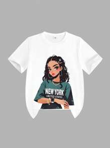 SHEIN Ensemble 2 pièces pour adolescentes, t-shirt décontracté à manches courtes et col rond avec imprimé graphique et pantalon cargo ample à poches, à la mode, pour le quotidien et l'extérieur, vert