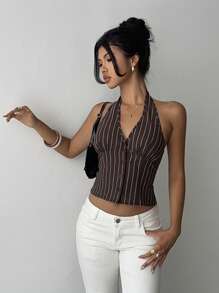 Aloruh Women Cotton Striped Stand Collar Single-Breasted Top Thin Blazer In Fall/Winter - Brown - View 3