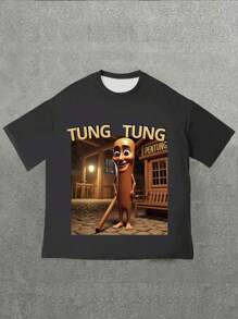 Manfinity Dauomo 男士字母与图案印花休闲圆领短袖 T 恤，夏季 - 彩色 - 查看 1