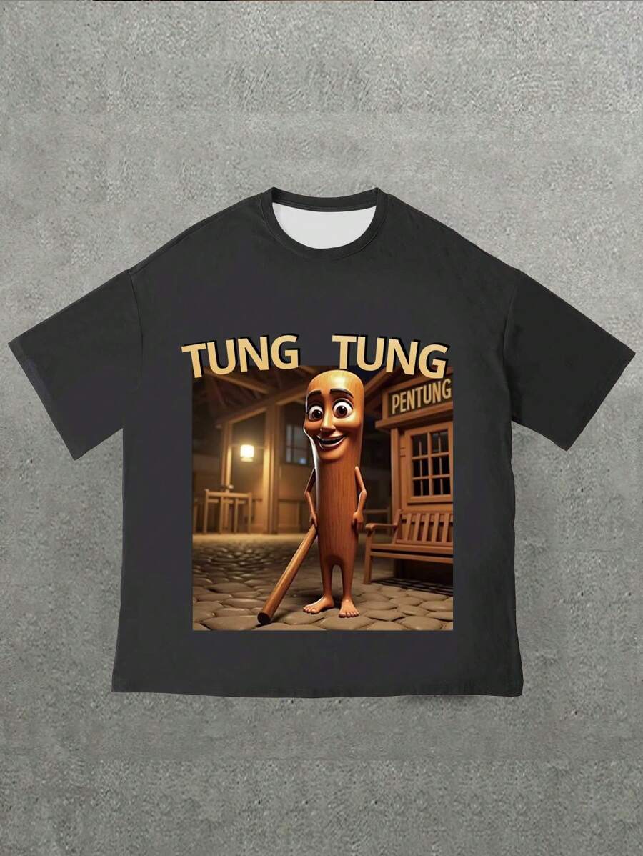 Manfinity Dauomo 男士字母与图案印花休闲圆领短袖 T 恤，夏季 - 彩色 - 查看 1