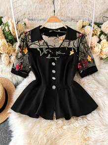 SHEIN Unity Große Größen Damen Frühling/Sommer Bestseller Lässiger Pendler Chic Urbaner Femininer Stil Einzigartige Klassische Spitze & Bedruckter Puffärmel Basic Französisch Retro Sexy T-Shirt - Verschiedenfarbig - Übersicht 7