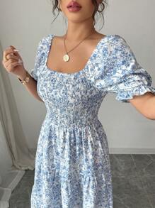 Elenzga Women's Elegant Printed Square Neck Fitted A-Line Dress, Spring/Summer - Blue and White - View 4