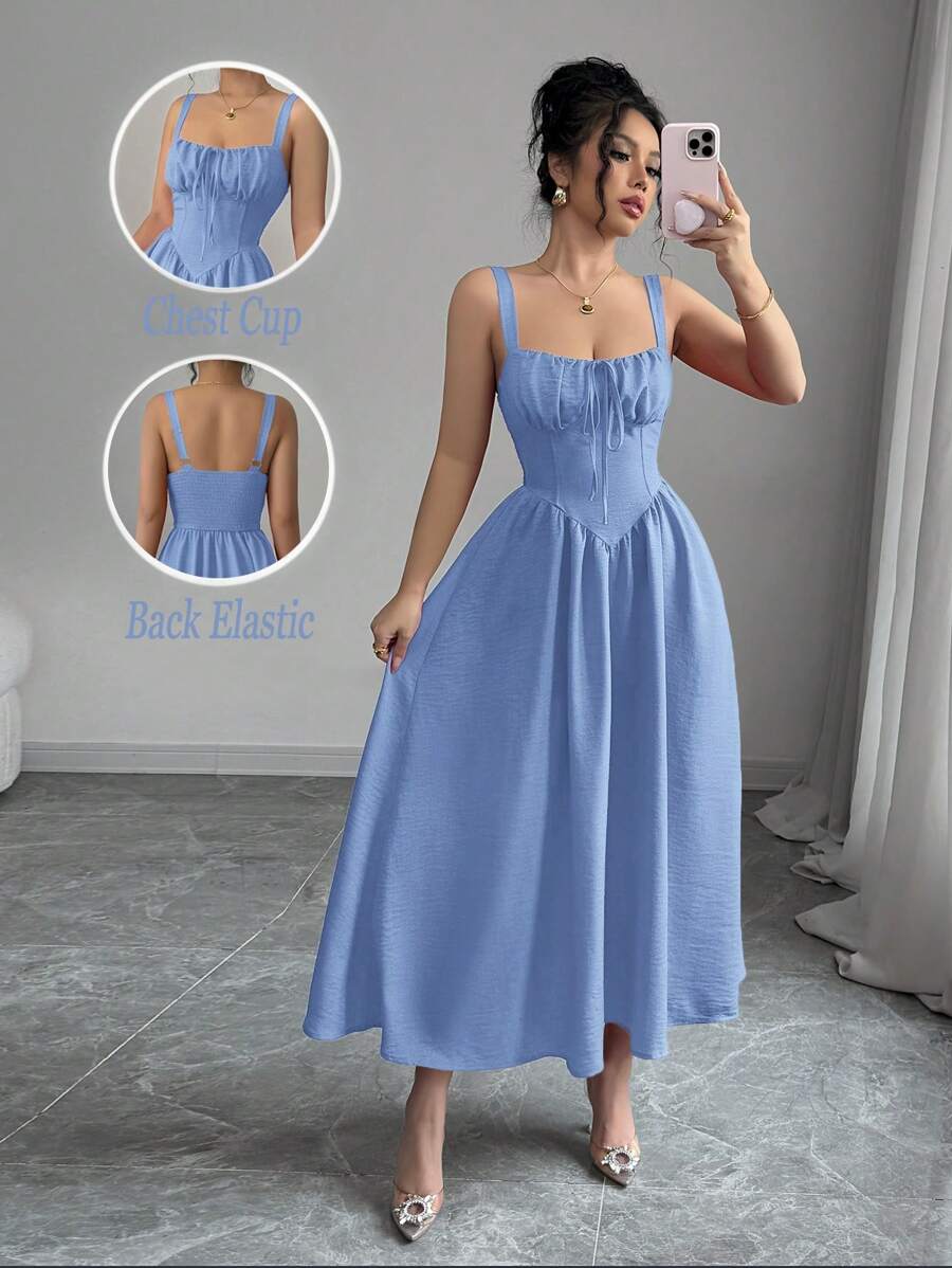 Rafferiza 女款红色纯色情人节度假休闲连衣裙荷叶边前系带蝴蝶结可爱优雅吊带后背不对称腰部修身A字下摆2025夏季新款长裙 - 藍色 - 查看 1